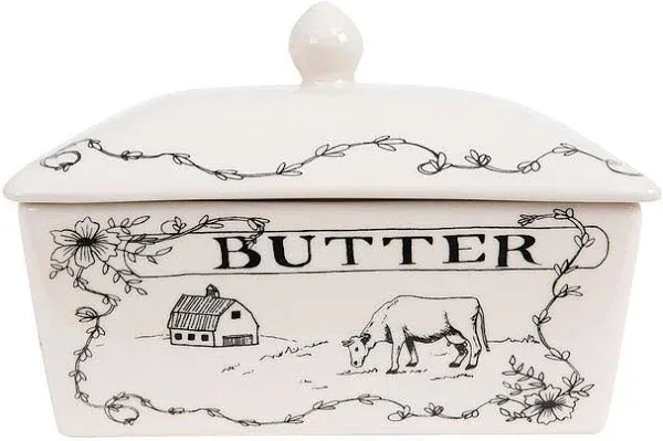 Creative Co-Op Country Style White & Black Stoneware Butter Dish with Lid