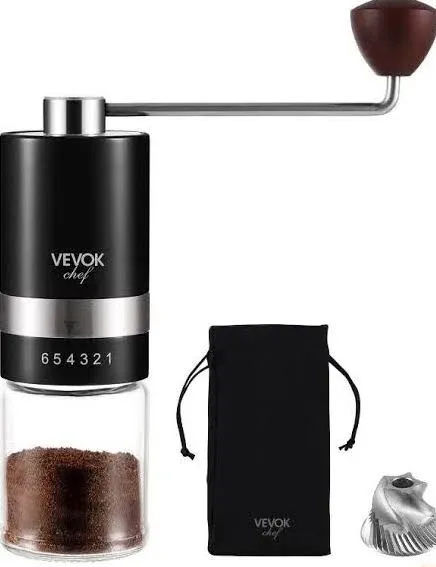 VEVOK CHEF Manual Coffee Grinder Hand Coffee Grinder 6 External Adjustable Setting Stainless Steel Conical Burr Coffee Mill Portable Hand Crank Coffee Bean Grinder Fine for Espresso