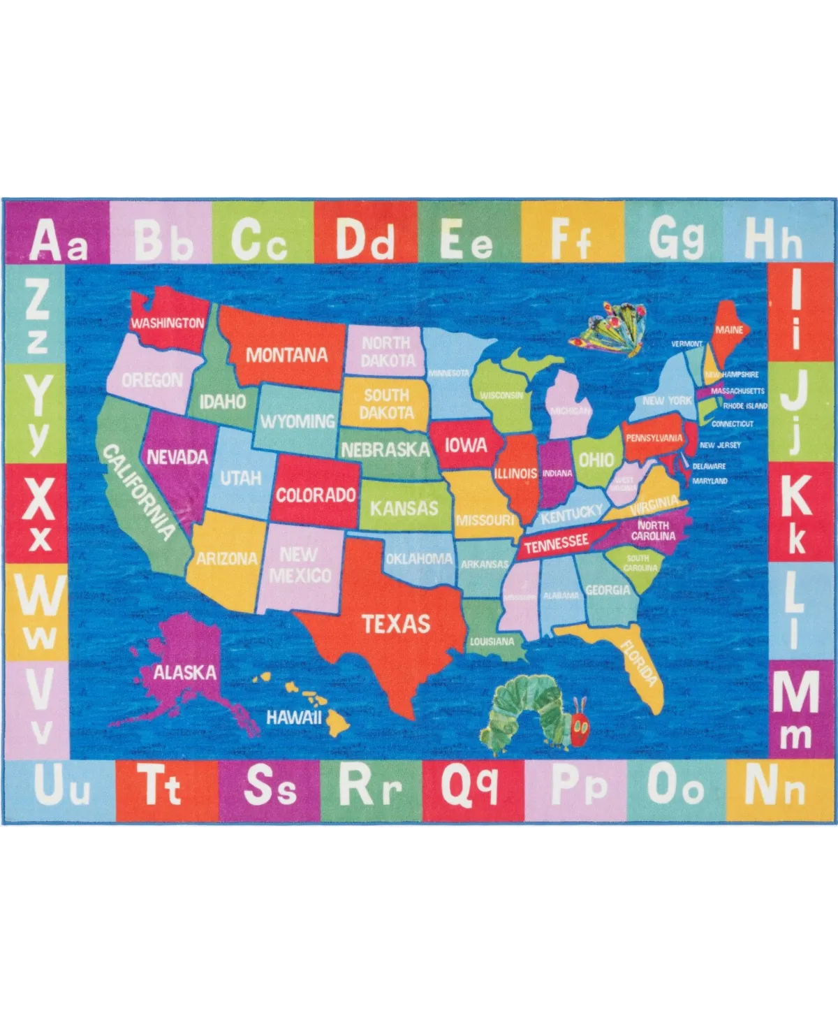 Eric Carle Elementary USA Map Kids Machine Washable Area Rug Blue/Red, 4'11"x6'6"