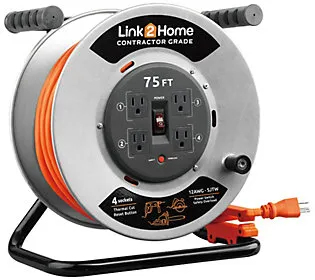 Link2Home Contractor Grade Retractable Extension Cord Reel 75 Ft. With 4 Outlets & Heavy Duty/High Visibility 3-Prong SJTW Cord