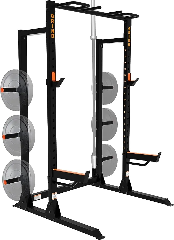 GRIND Fitness Chaos 4000 Power Rack, Exercise Squat Rack with Pull-Up Bar, Weight Storage and Barbell Storage, Spotter Arms and Rubber Padded J-cups, 1,000lb Weight Capacity for Bench Press