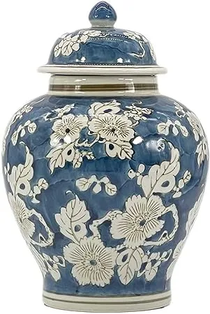 Galt International Blue and White Flower Chinoiserie Ginger Jar 12" w/Lid Ginger Jar, Tea Storage Decorative Home Decor Jar