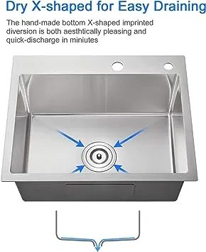 MENATT 20-inch Drop in Kitchen Sink, SUS304 Stainless Steel Top-Mount Handmade Kitchen rv Sink, Single Bowl Sink with Basket Strainer, 20"*16"*9" (Brushed)