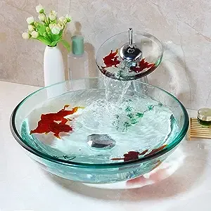 Bathroom Art Hand Painting Gold Fish Glass Basin Vanity Vessel Sink Bowl Tap+Wat