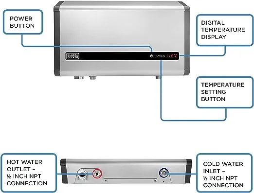 BLACK+DECKER Tankless Electric Water Heater 36kW 240 Volt 7.3GPM, Self-Modulating Multi-Application Unit for Whole House, Hot Water on Demand, Digital Temperature Display