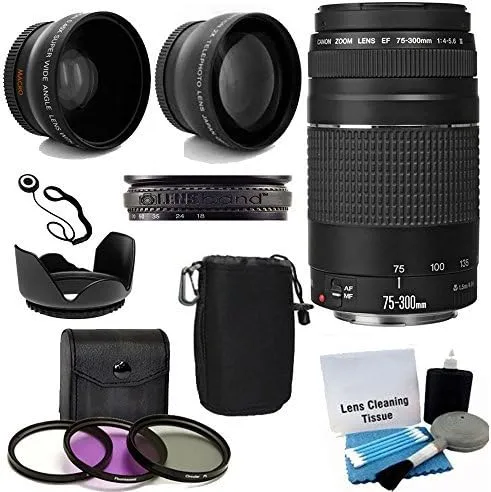 Canon EF 75-300mm f/4-5.6 III Telephoto Zoom Lens Kit with 2x Telephoto Lens, HD Wide Angle Lens and Accessories (8 Pieces)