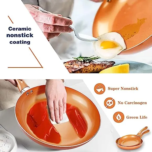 FRUITEAM 10pcs Cookware Set Ceramic Nonstick Soup Pot, Milk Pot and Frying Pans Set, Copper Aluminum Pan with Lid, Induction