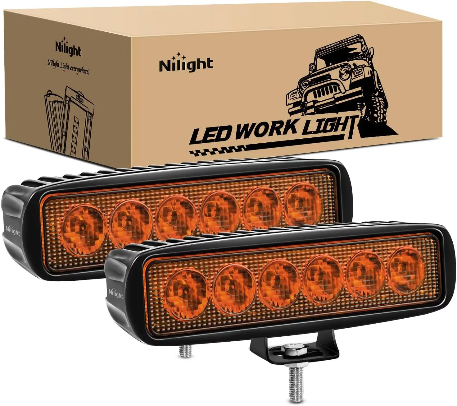 Nilight 6 inch Amber Led Light Bar 2PCS 18W Spot Driving Fog Single Row Off Road Boat Lights driving lights Bumper Lights Reverse lights for Trucks SUV ATV UTV Golf Cart