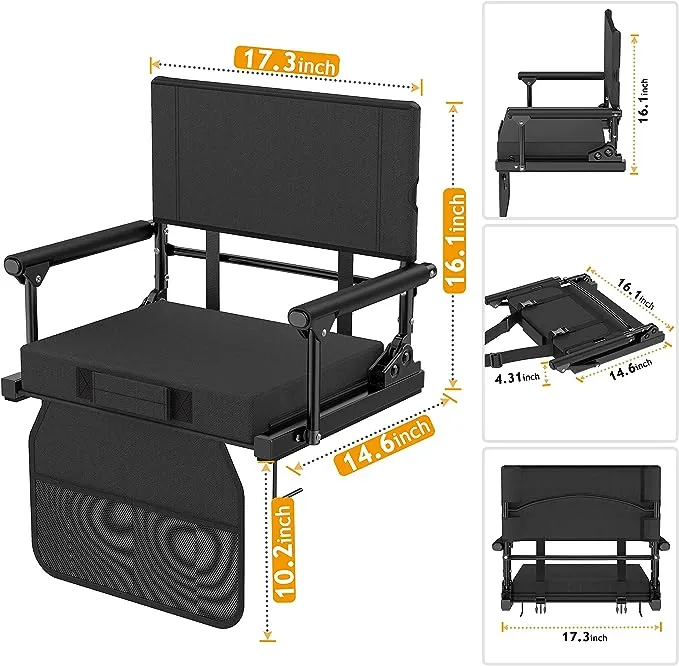 Stadium Seats for Bleachers with Back Support, 600 Lbs Rated Lightweight Black