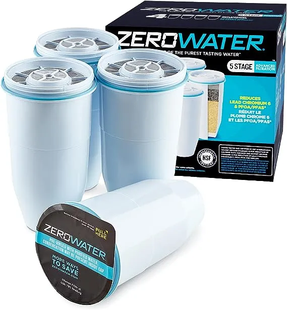 ZeroWater Official Replacement Filter - 5-Stage Filter Replacement 0 TDS for Improved Tap Water Taste - NSF Certified to Reduce Lead, Chromium, and PFOA/PFOS, 4-Pack 