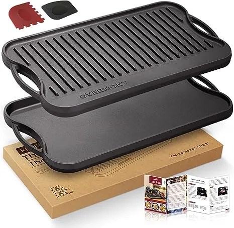 Overmont Pre-seasoned 17x9.8" Cast Iron Reversible Griddle Grill Pan with handles for Gas Stovetop Open Fire Oven, One tray, Scrapers Included