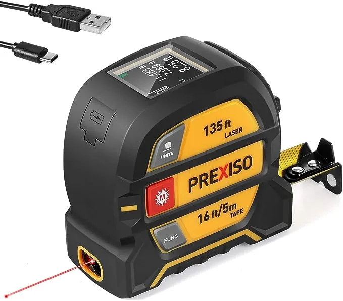 PREXISO 2-in-1 Laser Tape Measure, 135ft Rechargeable Measurement Tool & 16ft Measuring Movable Magnetic Hook - Pythagorean, Area, Volume, Ft/Ft+in/in