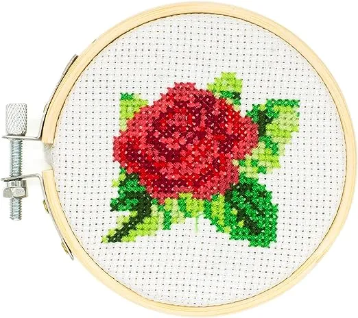 Kikkerland DIY Mini Cross Stitch Rose Embroidery Craft Starter Kit Set, with Pattern Instructions, 3" Bamboo Hoop, Stress Relief, Adult Beginner Friendly