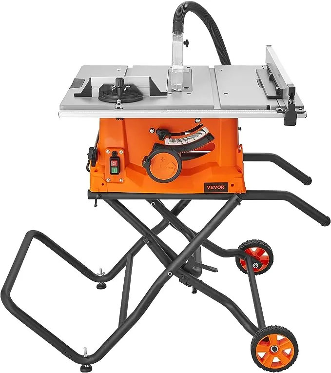 VEVOR Table Saw with Stand, 10-inch 15-Amp, 25-in Max Rip Capacity, Cutting Speed up to 5000RPM, 40T Blade, Portable Compact Jobsite Tablesaw with Sliding Miter Gauge for Woodworking & Furniture Makin