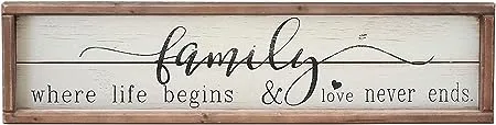 PARISLOFT Family Where Life Begins & Love Never Ends White Background Wood Framed Wood Wall Decor Sign Plaque 23.6 x 1.2 x 6 inches (Family Where Life Begins)