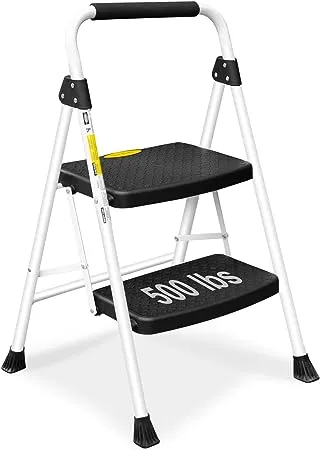 SocTone 2 Step Ladder, Folding Step Stool for Adults with Handle, Lightweight, Perfect for Kitchen& Household, 500lbs Capacity Sturdy Steel Ladder, White