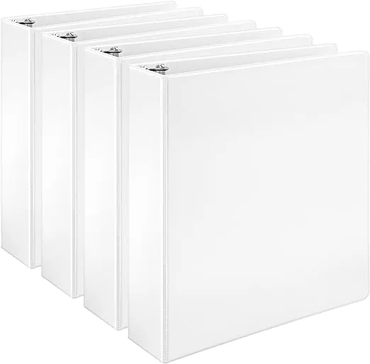 Amazon Basics 3 Ring Binders, 2 Inch, 4 Pack, D-Ring Organizer for School, Home Office, White