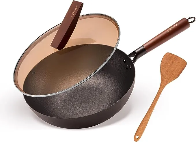 ANEDER Carbon Steel Wok Pan with Lid and Wood Spatula, 12.5" Cast Iron Stir Fry Pan with Flat Bottom and Wooden Handle for Electric, Induction and Gas