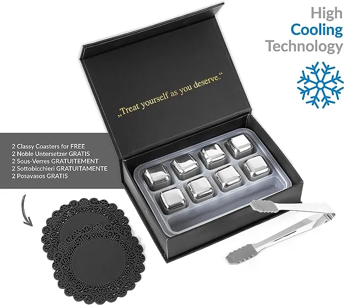 Whiskey Stones Gift Set - Stainless Steel, Reusable Ice Cubes