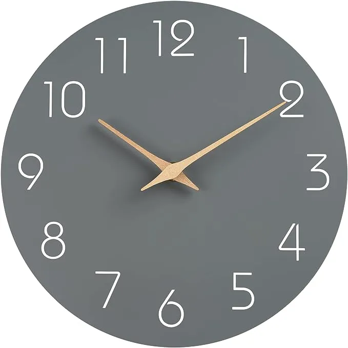 Mosewa Silent Non-Ticking Wall Clock Decorative for Kitchen, Bedroom, Bathroom, Office, Living Room, Battery Operated - 10 Inch Wood Modern Simple (Gray)