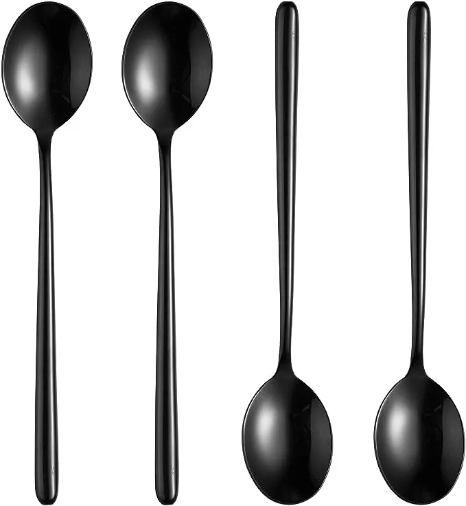 Steel Black Soup Spoon, Long handled Great Circle Spoons,Korean Long Handle Soup Spoon,4 Pieces,8.7x1.6 Inches