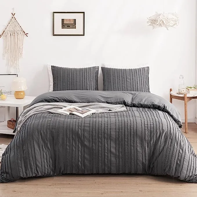 WARMDERN White Boho Duvet Cover Set King size, Striped Textured Duvet Cover Tufted Bedding Set, 3 Pcs Ultra Soft Washed Microfiber Duvet Cover with Zi