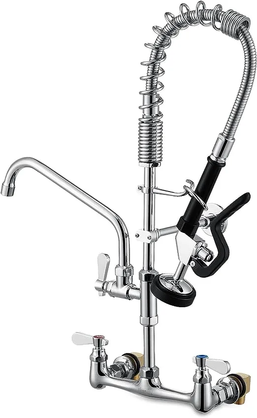 Commercial Sink Faucets with Sprayer 24 Inches Wall Mount Kitchen Faucet with Pull Down Pre-Rinse Sprayer and 10" Swivel Spout 8 Inches Center Compartment Sink Faucet