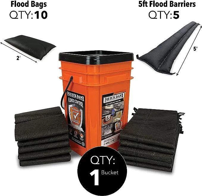 Quick Dam Grab & Go Flood Kit includes 5- 5ft Flood Barriers & 10- 2ft Flood Bags in Bucket