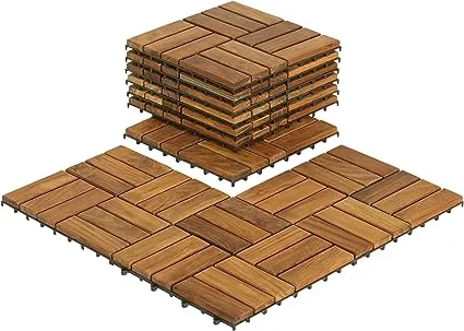 BARE-WF2009 Solid Teak Wood Interlocking Flooring Tiles (Pack Of 10), 12" X 12"