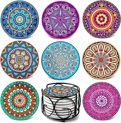 Teivio Absorbing Stone Mandala Ceramic Coasters for Drinks Cork Base with Holder, for Friends Funny Birthday Housewarming Apartment Kitchen Bar Decor, Suitable for Wooden Table, Coffee Table, Set of 8