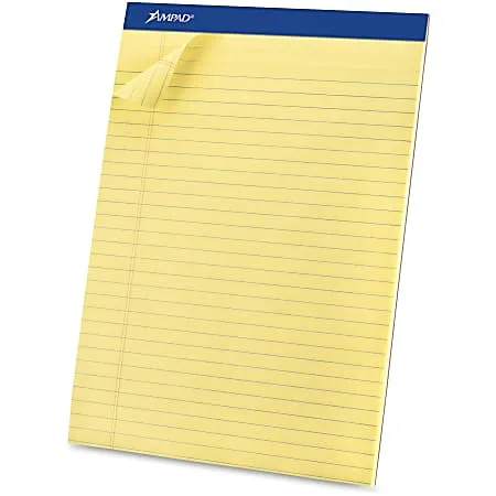 Ampad Basic Micro Perforated Writing Pads, 50 Sheets, Stapled, Wide Ruled, 8 1/2" x 11 1/2", Canary Yellow, Pack Of 12