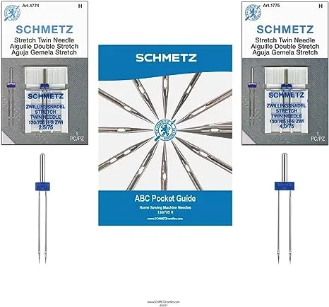 SCHMETZ Stretch Twin Sewing Machine Needle Combo Pack (2 Needles Total and 1 SCHMETZ ABC Pocket Guide)