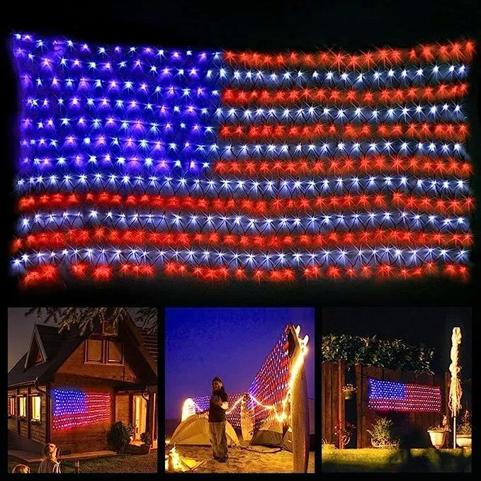 Solar American Flag Lights Outdoor420 LEDs American Flag Net Lights 6.5ft x 3...