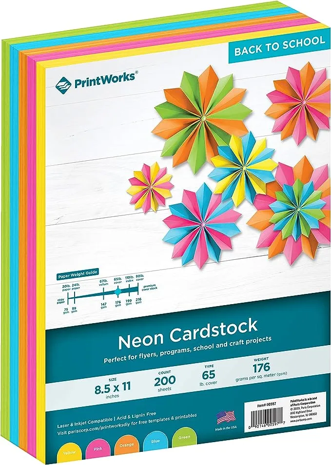 Printworks Neon Cardstock, 65 lb, 5 Assorted Florescent Colors, Perfect for School and Craft Projects, 200 Sheets, 8.5” x 11” (00597)