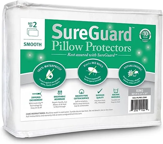 Axon Set of 2 Smooth SureGuard Pillow Protectors - 100 Waterproof Bed Bug Proof Hypoallergenic - Premium Zippered Cotton Covers - 10