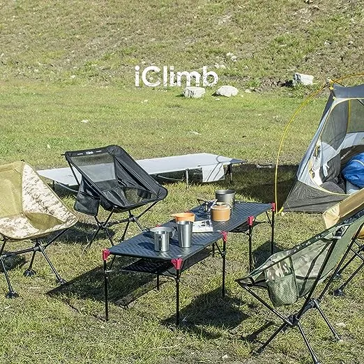 iClimb Extendable Folding Table Large Tabletop Area Ultralight Compact with Hollow Out Tabletop and Carry Bag for Camping Backpacking Beach Concert BBQ Party, Three Size (Black - XL)