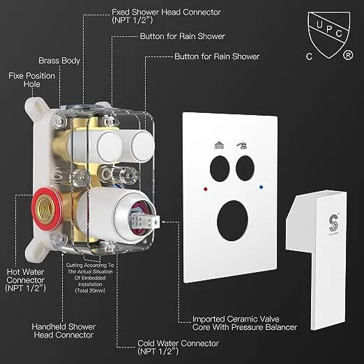 SR Sun Rise White Square Rainfall Shower Head and Handle Set