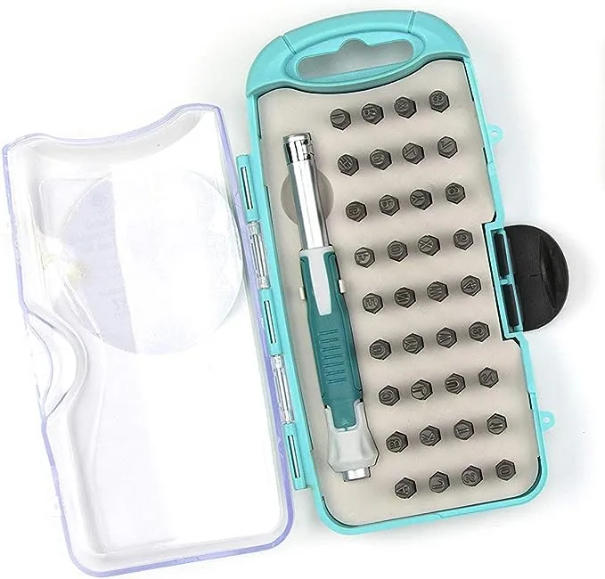 Cousin DIY Stamp & Go Metal Stamping Kit for Jewelry Making, Bits with Letters, Numbers and Symbols, Teal