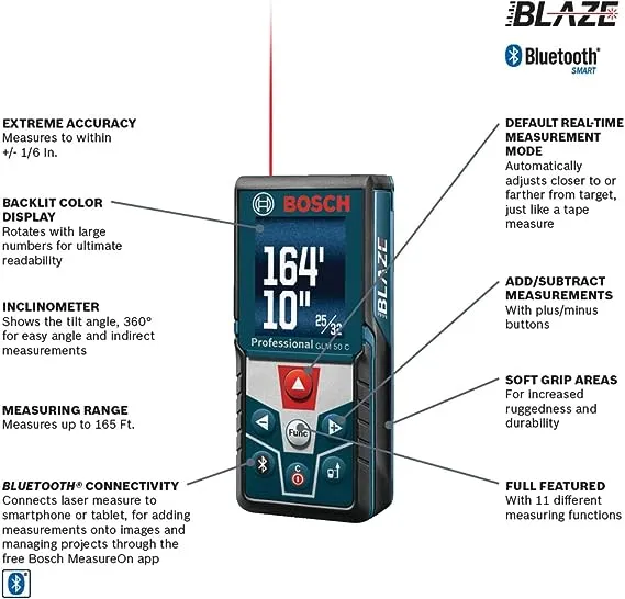 BOSCH Blaze GLM50C Bluetooth Enabled 165ft Laser Distance Measure with Color Backlit Display