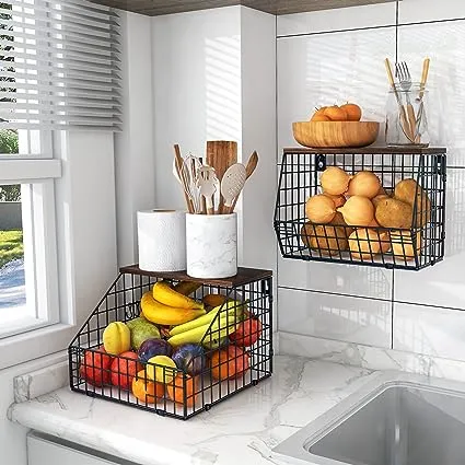 Mefirt Fruit Basket, Stackable Wall Mounted Fruit Baskets, Potato Basket Onion Storage for Kitchen, Hanging Wire Basket with Wood Lid, 2-Tier Vegetable Organizer Kitchen Countertop Organization