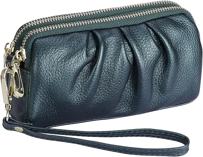 SMITH SURSEE Wristlet Wallets for Women Genuine Leather Wristlet Purses Ladies Ruched Wristlet Clutch Wallet Purses