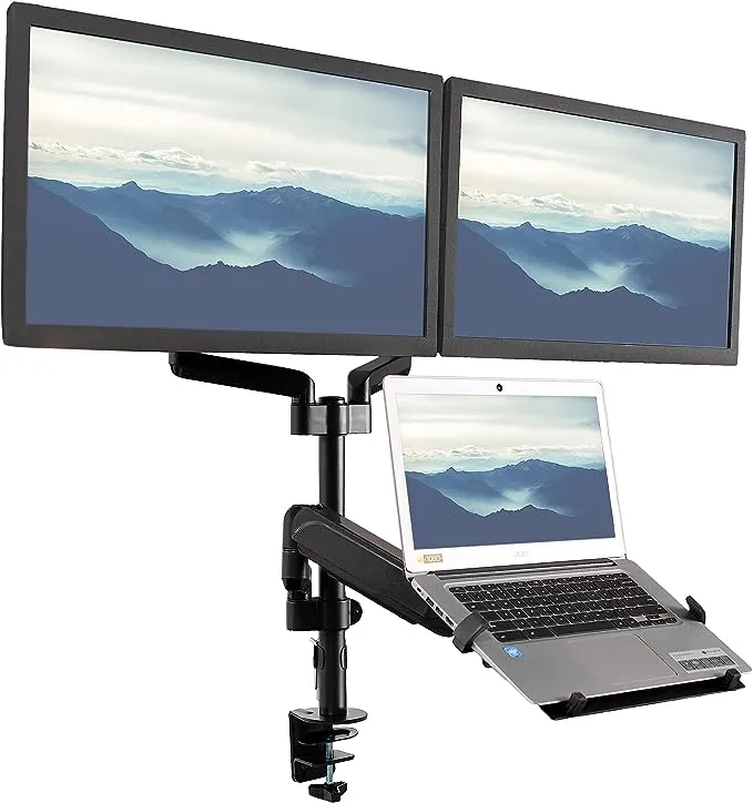 VIVO Laptop and Dual 17 to 32 inch Monitor Pneumatic Arm Mount, Fits 2 Flat or Curved Computer Screens and 10 to 15.6 Inch Notebooks, Laptop Tray, C-clamp, Grommet Mounting Base, Black, STAND-V003KL