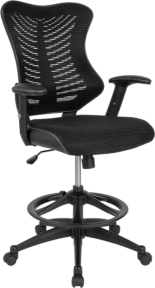 Flash Furniture High Back Designer Black Mesh Drafting Chair with LeatherSoft Sides and Adjustable Arms BL-LB-8816D-GG