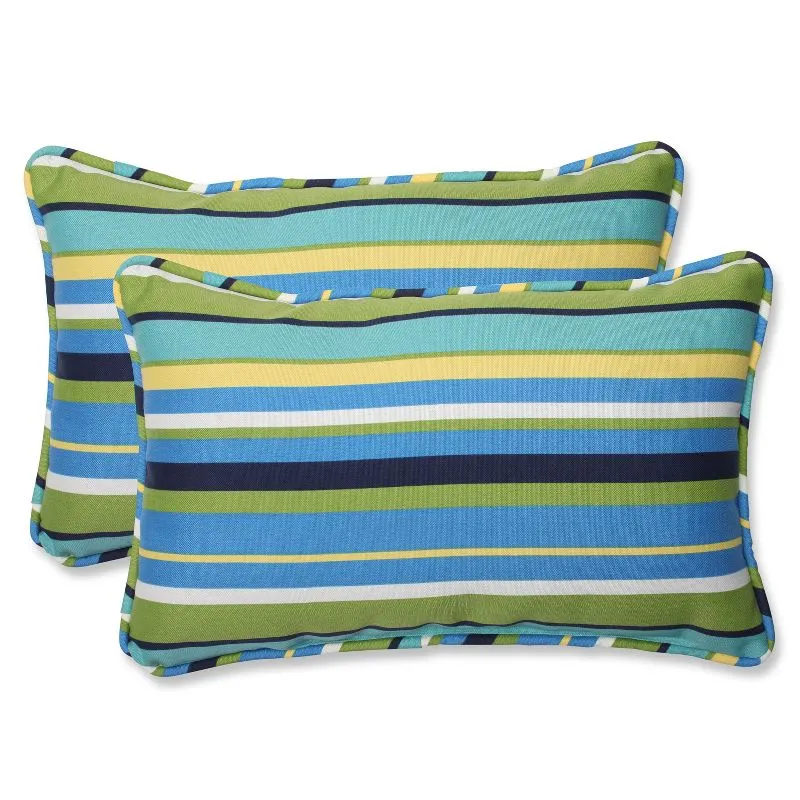 Pillow Perfect Stripe Indoor/Outdoor Accent Throw Pillow, Plush Fill, Weather, and Fade Resistant, Lumbar - 11.5" x 18.5" , Blue/Green Topanga, 2 Count