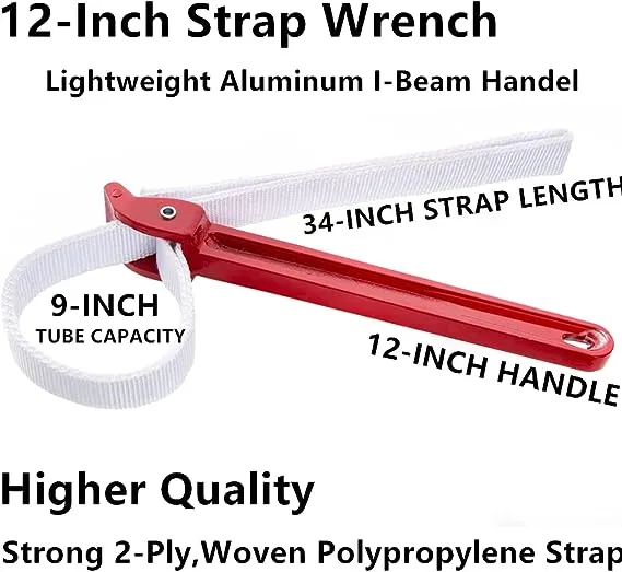 12 Inch Handle Strap Wrench, Adjustable Anti-sliding Pipe Wrench, Oil Filter Strap Wrench, Double Layered Thickened Nylon Strap (Red)