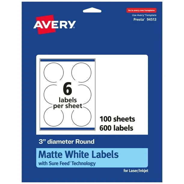 Avery Matte White Round Labels with Sure Feed, 3" diameter, 600 Matte White Printable Labels