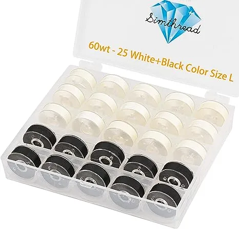 Simthread 25pcs 15White + 10Black Prewound Bobbin Thread Size L (SA155) 60WT for Brother Husqvarna Pfaff Embroidery Thread Sewing Thread Machine with Clear Storage Plastic Case DIY