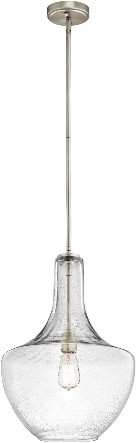 Kichler Everly 19.75" Kitchen Bell Pendant in Brushed Nickel, 1-Light Clear Seeded Glass Pendant Light, (19.75" H x 13.75" W), 42046NICS