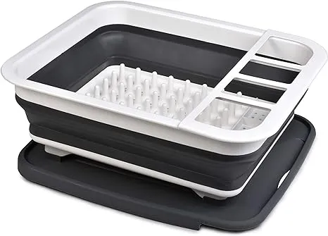 Masirs Pop-Up Collapsible Dish Drying Rack: Convenient Storage, Drains into Sink, Eight Large Plate Capacity, Sectional Cutlery and Utensil Compartment. Compact and Portable Design.