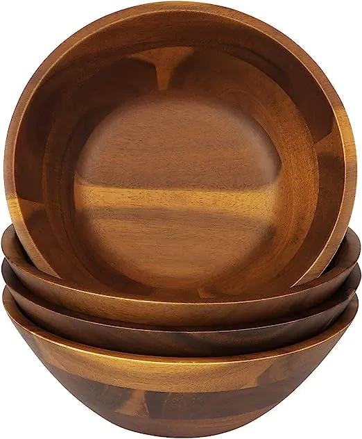 Acacia Wooden Serving Bowls, 7 Inch Set of 4 for Salad, Soup, Brown